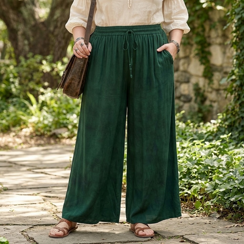 NWT Holy Clothing 2X Forest Green Palazzo Pants Wide Leg Soft Boho Flowy Pockets